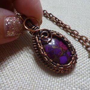 Rustic PURPLE TURQUOISE COPPER WIRE-WRAPPED Pendant/Chain #86C